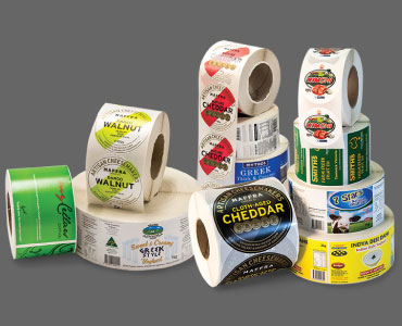 Labels on rolls printed full colour with various designs