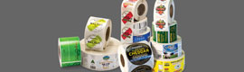 Labels on rolls printed full colour with various designs